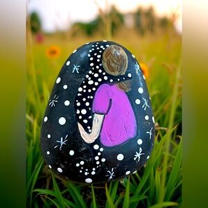 Hand crafted painted girl rock stars in dark sky hugging lost loved dog Brunette